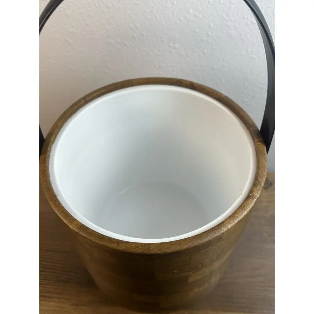 Vintage Irvinware Wood Grain Ice Bucket Black Lid Handle Made USA